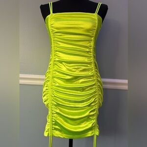 Love & Other Things Neon Green Ruched Mini Dress M